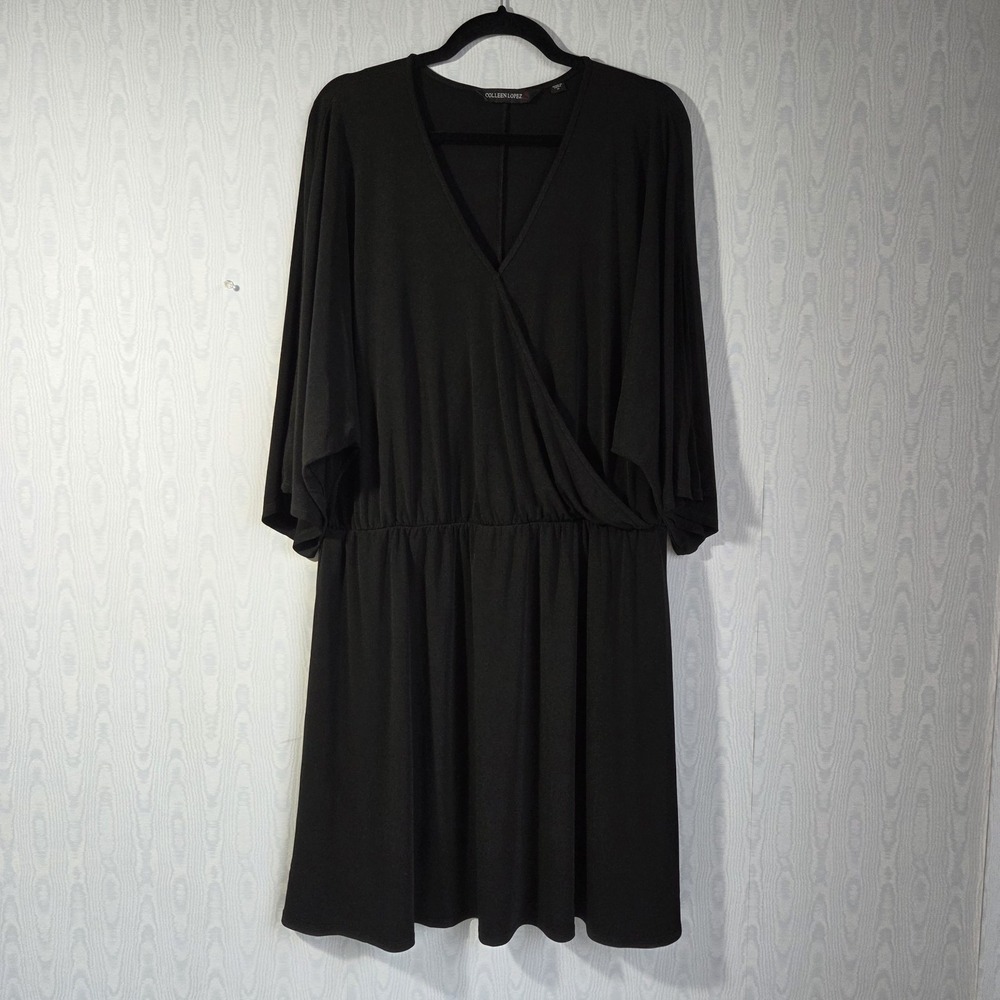 Colleen Lopez‎ 1X Surplice Midi Dress Black Liquid Knit Career Basic Comfort